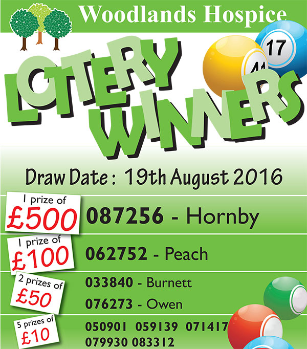 Woodlands Hospice Lottery results 19th August 2016